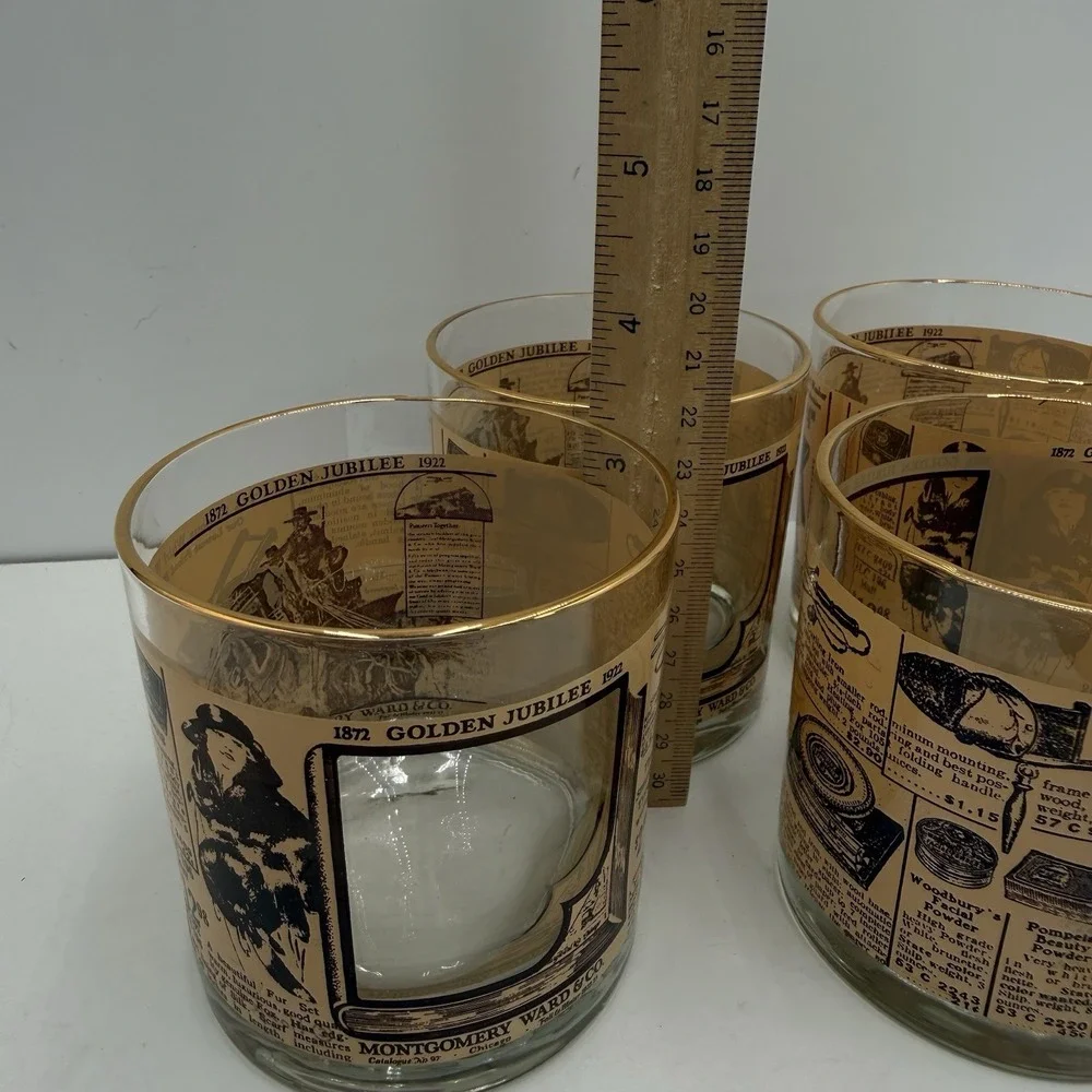 4-Vintage 1972 Montgomery Ward Golden Jubilee‎ Whiskey Rocks Glasses Gold Rim